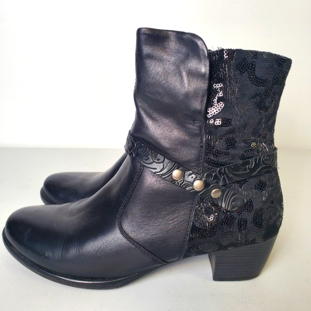 Remonte Black Leather Floral Lace Ankle Boots